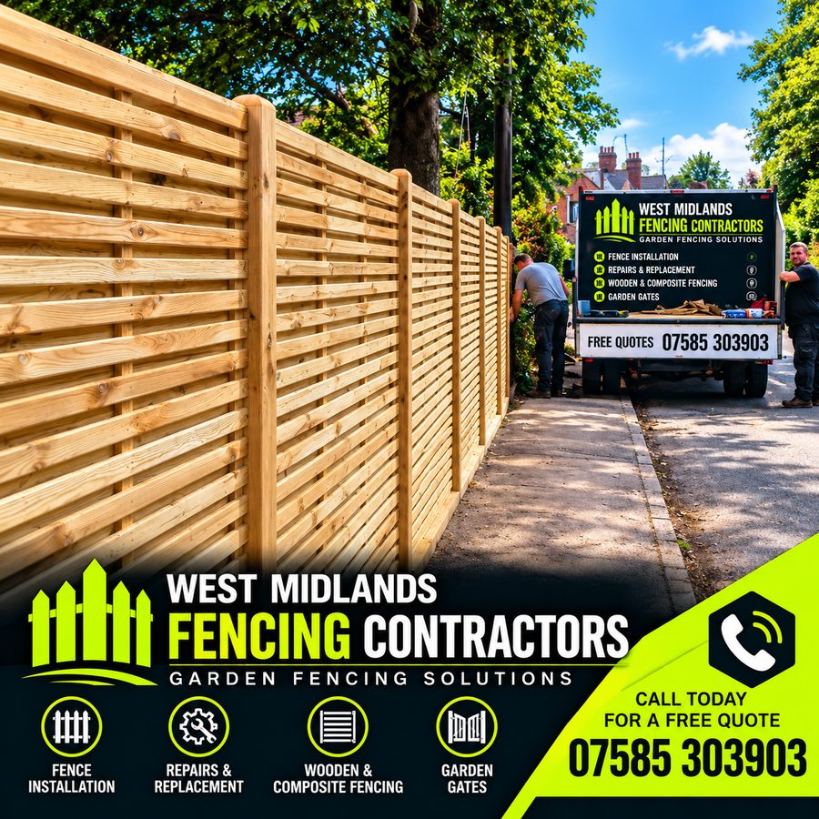 Horizontal slatted timber fence beside a pavement with a fencing van and two fitters